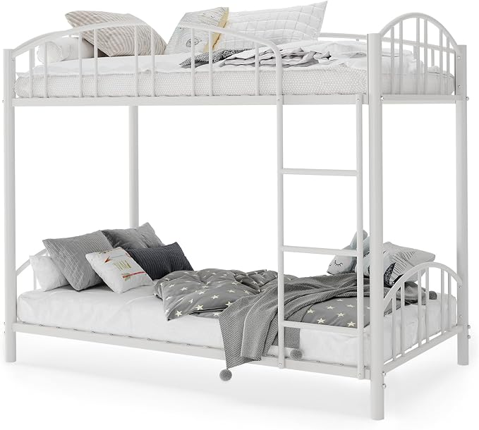 GarveeHome Metal Bunk Bed Twin Over Twin, Heavy Duty Bunkbeds Frame with Arched Guardrail and Safety Ladder, Sturdy Steel Bed for Kids Boys Girls, Space-Saving, No Box Spring Needed, Modern White