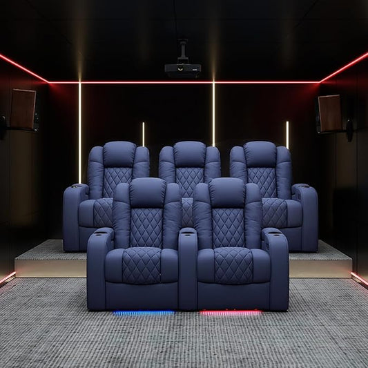 Weilianda Home Theater Seating Top Grain Leather Zero Gravity Recliner Chair Power Headrest Recline Movie Seat Gaming 7 Colors Mood Light Sofa with Tray Table USB Charge Row of 4 Loveseat Right Blue