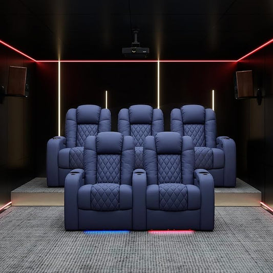 Weilianda Home Theater Seating Top Grain Leather Zero Gravity Recliner Chair Power Headrest Recline Movie Seat Gaming 7 Colors Mood Light Sofa with Tray Table USB Charge Row of 3 Blue