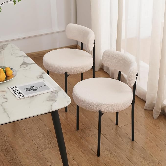 EDWELL White Dining Chairs Set of 2, Modern Dining Room Chairs Mid Century with 3.94" Cushions and Metal Legs, Round Upholstered Boucle Chairs for Kitchen, Living Room, Easy Assembly