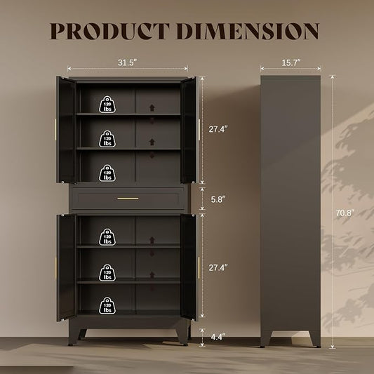 71" H Metal Kitchen Pantry Cabinet with Drawers,Black Kitchen Storage Cabinets with Doors,Tall Pantry Food Storage Cabinets,Large Freestanding Cabinets for Dining Room, Living Room