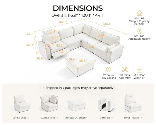 Oversized Modular Sectional Sofa with Power Recliner, Plush Cloud Couch with Headrest, Convertible Deep L-Shaped 6 Seater with Corner and Storage Ottoman, Chenille, White