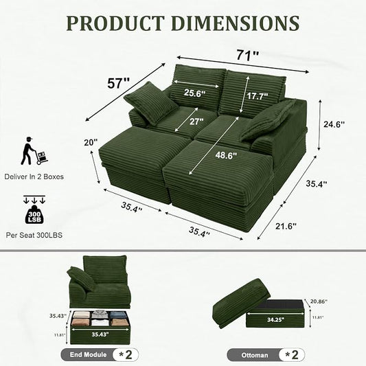 Upgrade Boneless Couch with Storage, Extra Deep&High Seat Modular Sectional Sofa 2 Seater Loveseat Sofa with Ottoman, Tool-Free Assembly Sectional Couches for Living Room Bedroom Apartment