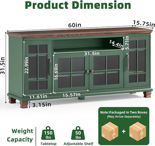SAVOR LIFE Large Sideboard Buffet Cabinet with Storage,Vintage Green 60" Wide Coffee Bar Cabinet with Glass Doors & Wood Legs,Kitchen Credenza Accent Cabinets for Dining Room, Living Room