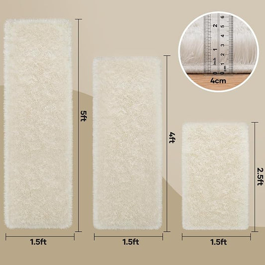 Ophanie Small Rug Washable Non Slip Throw Bedside Area Rugs, Fluffy Soft Mini Bedroom Carpet, 1.5x2.5,1.5x4 and 1.5x5 Rug Set, 3 Piece Ivory with Over 99 pcs Pile fibers