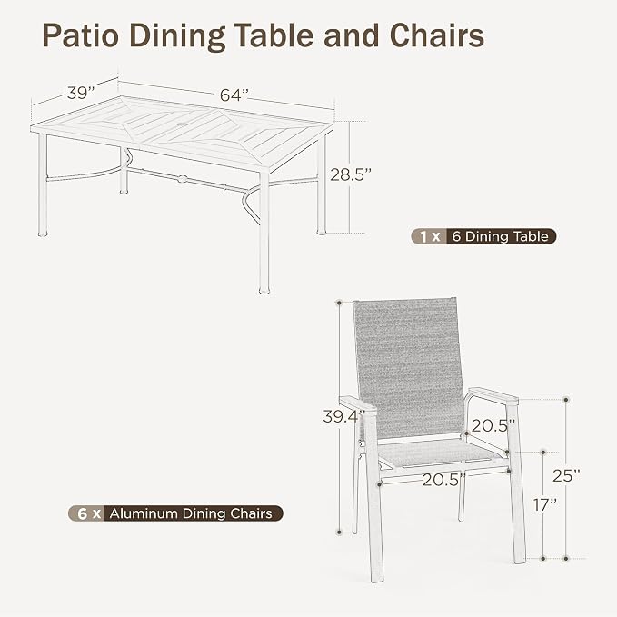 PHI VILLA Outdoor Dining Set for 6 Persons, Patio Metal Table & Aluminum Stackable Chairs, Light Weight & Space-Saving Patio Table Set for Backyard Deck, Grey