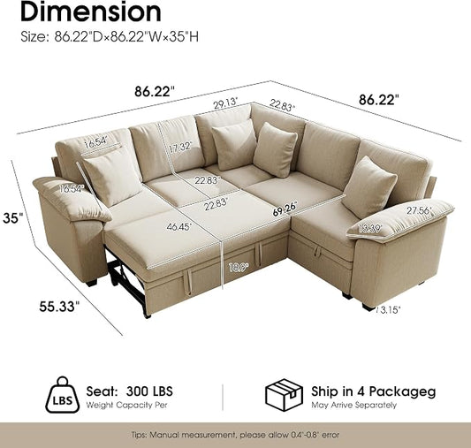 86" Modular Sectional Sleeper Sofa with Pull Out Bed, L Shaped 5 Seat Couch with 151L Storage, Convertible Cloud Couch Bed, Sectional Couches for Living Room, Apartment (Sand)