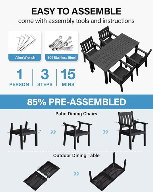 YEFU HIPS Patio Table Set: 5 Piece Outdoor Table and Chairs Dining Furniture Set with Umbrella Hole - Black Modern Plastic Dining Sets 4 Person for Outside Deck with Metal Aluminum Frame