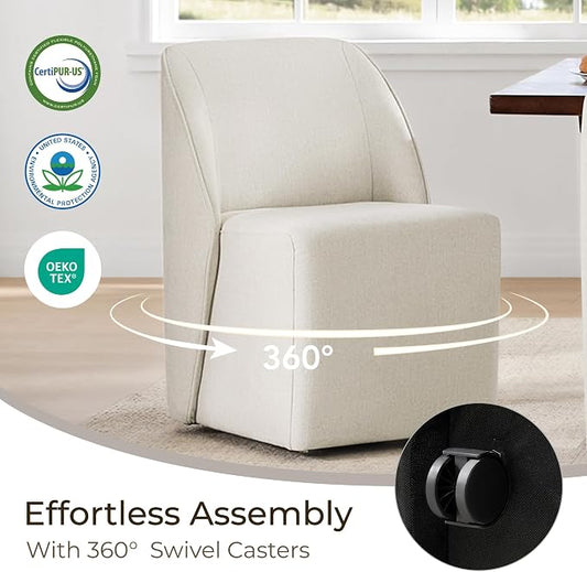 Watson & Whitely Modern Rolling Dining Chairs with Casters, Set of 2, Linen | Upholstered Seat, Removable Rollers, Fabric Armless Chairs for Dining Room, Living Room, Bedroom