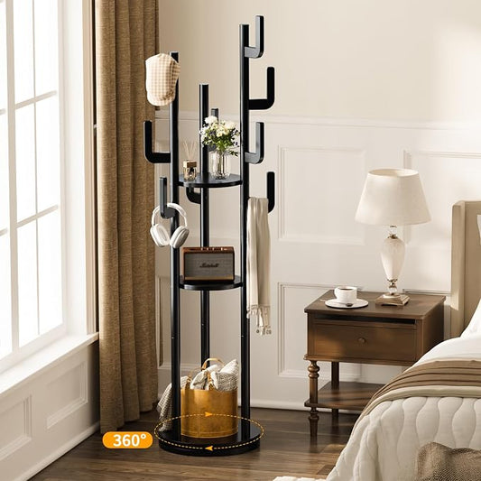 Yoobure Rotary Coat Rack Freestanding - Solid Wood Coat Tree with 9 hooks & 3 Storage Shelves for Purse, Bag, Jacket, Hat, Corner Hanger Stand Racks for Hall, Entryway, Office, Clothes Holder, Black