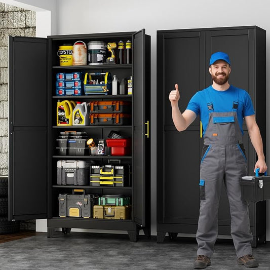 75" Metal Garage Storage Cabinet with 2 Doors and 5 Adjustable Shelves,Metal Storage Cabinets,Steel Tool Cabinets for Home,Office,Garage,Warehouse (Black, 75''H x 36''W x 18''D)