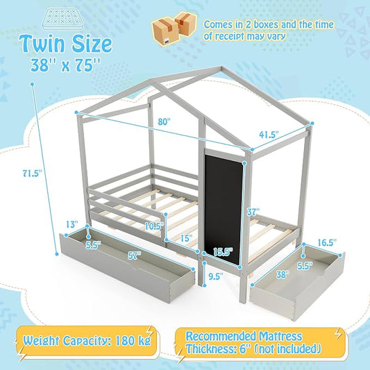 Giantex Twin Bed with 2 Storage Drawers, Solid Wood House Bed with Blackboard & Safety Guardrails, Twin House Bed w/Slats Support, No Box Spring Needed, Twin Bed Frames for Kids Girls Boys (Grey)