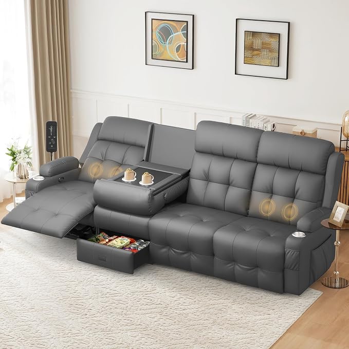 Reclining Couch, 113" PU Leather Sofa Recliner with Massage - 4 Seat Home Theater Seating Comfy Soft, Manual Wall Hugger Reclining with Lumbar Support Sofa Set for Family Living Room, Dark Gray