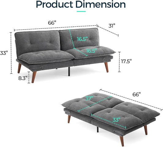 LINSY HOME Futon Sofa Bed, 70" Chenille Futon Couch with Adjustable Backrest Armrest, 3 in 1 Convertible Comfy Loveseat Sleeper Sofa Bed for Small Spaces Dorm Room Apartment Home Office(Dark Grey)