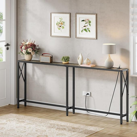 Gewudraw 70" Sofa Tables Narrow Long, Behind Couch Table with Oulets & USB Ports, Industrial Long Skinny Stand for Entryway,Hallway, Living Room, Bedroom 7.9" D x 70" W x 30.3" H