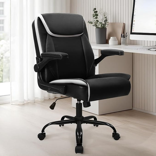 NEO CHAIR Desk Office Gaming Computer Chair Ergonomic Executive Mid-Back Leather with Adjustable Padded Flip-Up Armrests Cushion Wheels Swivel for Home Study Task (Black White)
