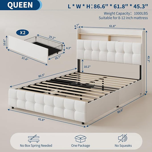 IDEALHOUSE Queen Size Upholstered Bed Frame Fabric with Storage Drawers and LED Lights, Headboard and Frame for Cozy Bedroom Sets Upgrades
