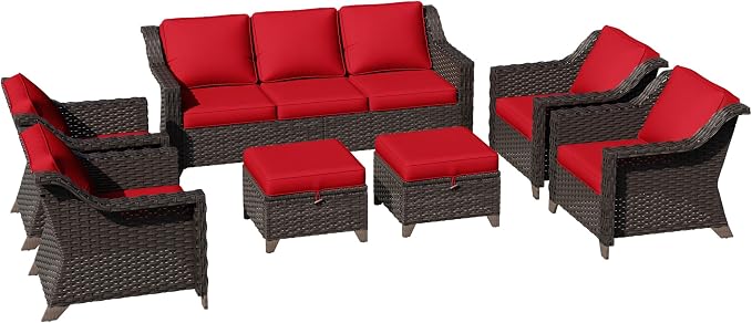 7 Pieces Patio Conversation Furniture Set - 1 Sofa, 2 Ottomans, 4 Armchairs, Outdoor Wicker Furniture with Removable Cushions for Porch, Balcony, Sunroom (Red)