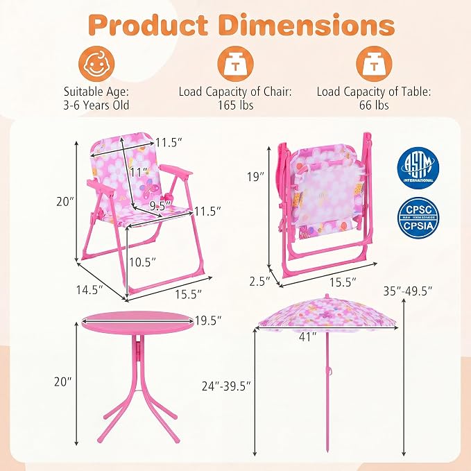 HONEY JOY Kids Picnic Table, Animal Themed Toddler Outdoor Table and Chair Set, 2 Folding Chairs & Removable Umbrella, Children Outdoor Furniture for Backyard Patio Garden (Pink Bee)