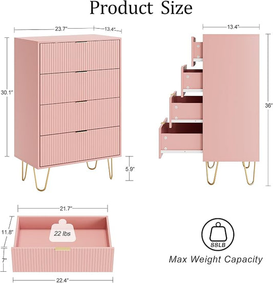 Masupu 4 Drawer Dresser, Drawer Chest, Tall Storage Dresser Chest Cabinet Organizer Unit with Gold Metal Legs, Nightstand for Bedroom, Living Room, Closet, Hallway Pink Stripe
