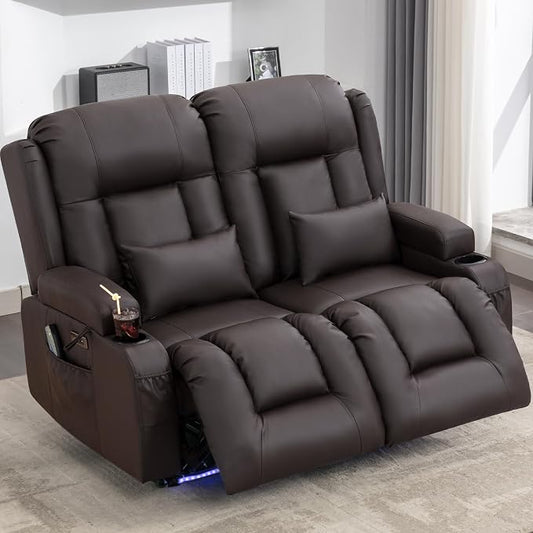 URRED Power Loveseat Recliner Sofa with Massage and Heat, Wall Hugger Reclining Loveseat, RV Couch Home Theater Seating with LED Lights for Living Room (Dark Brown, 54" - 2 Seats)