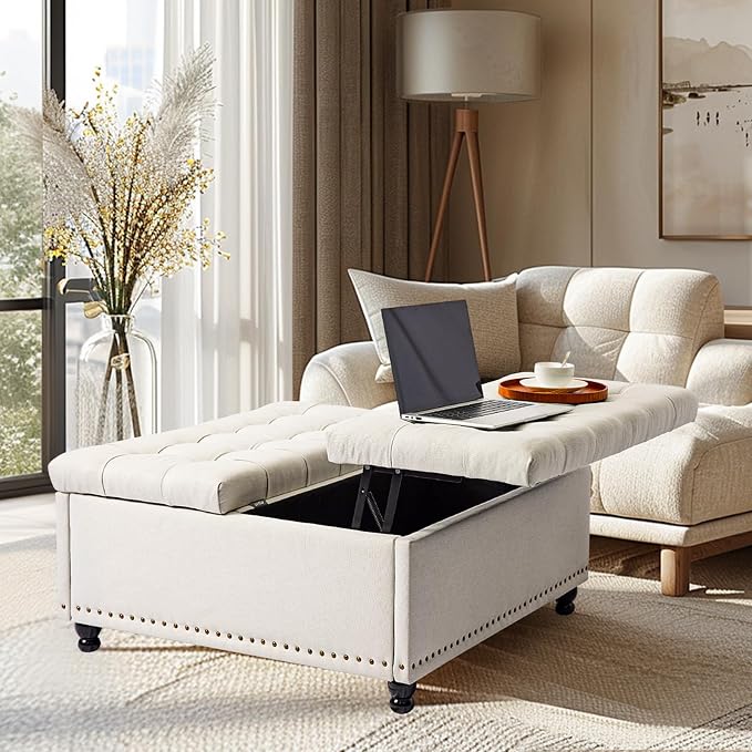 Redlife 35 Inch Large Square Storage Ottoman, Storage Ottoman Coffee Table with Lift Top Linen Ottomans Bench Square Footrest Oversized Upholstered Coffee Table for Living Room Bedroom (Beige)