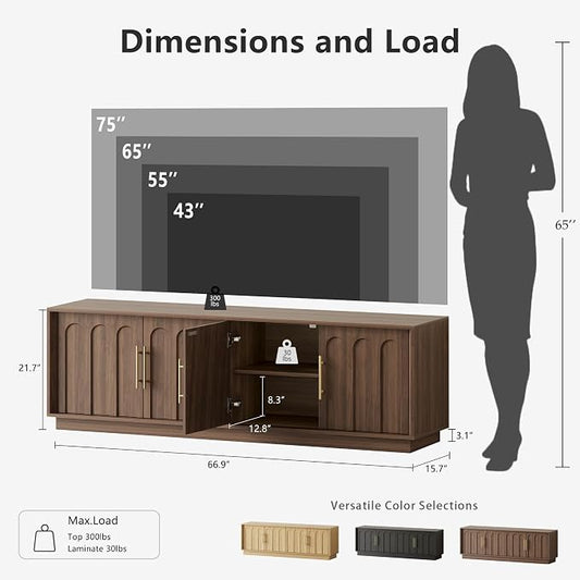 FORTUNETEC TV Stand for 75 Inch TV, Mid Century Modern TV Stand with Arched Design, Wood Grain Finish, Media Console with Adjustable Shelves, 67" Entertainment Center for Living Room Bedroom, Walnut