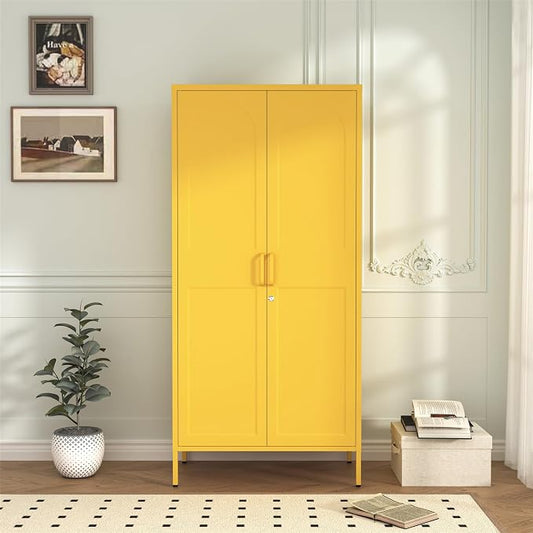 Lockable Closet Metal Wardrobe 67" Yellow 2 Door Wardrobe Bedroom Storage Cabinet Adjustable shelf Multi functional metal Storage Cabinet with hanging rail for domestic use 18.1" D x 31.5" W x 67" H