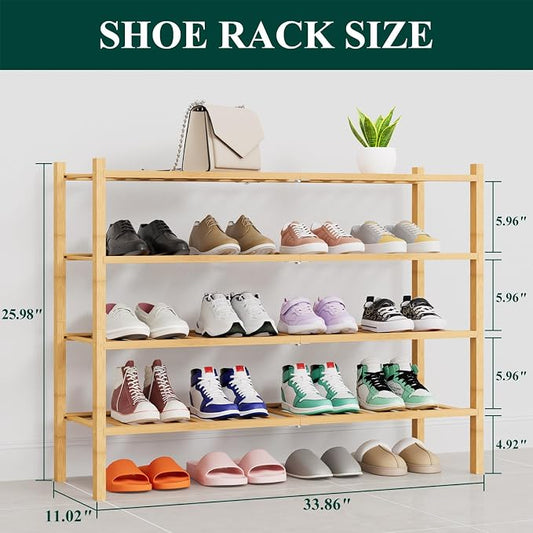 Smiry Long Bamboo Shoe Rack, 4 Tier Free Standing Wooden Shoe Organizer, Stackable Wood Shoe Storage Shelf for Closet, Entryway, 14 Vertical Slats, 2+2 Stack Heavy-Duty Legs, 33.7"x11"x26", Natural