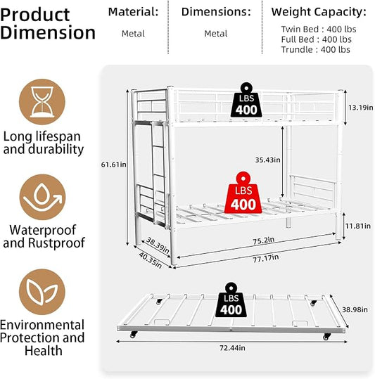 3-Way Convertible Twin over Twin Bunk Bed with Trundle, Metal Low Bunkbed for Kids Boys Girls, Guardrail & Ladders, Heavy Duty, No Box Spring Needed, Space-Saving, Easy Assembly (White, With Trundle)