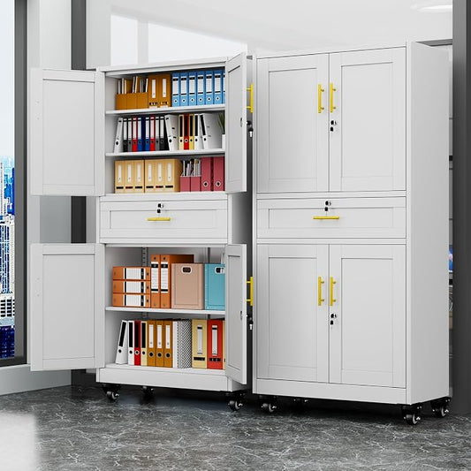 Lockable Metal Storage Cabinet, 71" Tall White Cabinet with Wheels | Garage Storage Cabinet with Drawers, 3 Adjustable Shelves and Lock, Steel Construction – Suitable for Office, Home, School
