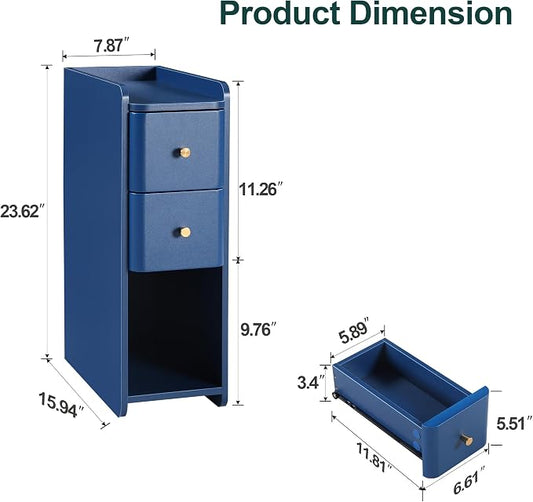 Blue Narrow Nightstand, Wooden Small 2 Drawer Nightstand, Slim Side End Table, Skinny Bedside Table, Mid Century Modern Night Stand with Drawers, for Living Room (Blue-1 pc)