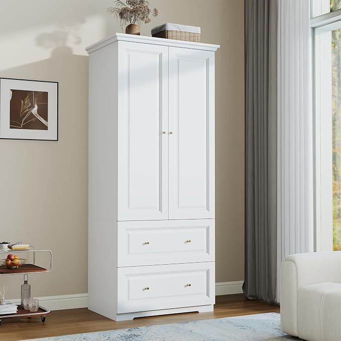 Armoire Wardrobe Closet with Drawers: Large White Wardrobe Closet with 2 Doors and 2 Drawers, Wooden Bedroom Armoires Storage Cabinet with Hanging Rod and Shelves (32")