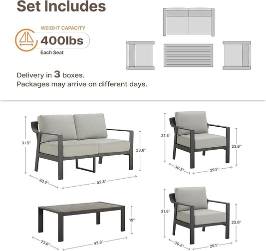 KISLOT Aluminum Outdoor Patio Furniture Set with Coffee Table,4 Seater Patio Conversation Sets with Washable Thick Cushions,Outdoor Sectional Furniture Set for Poolside, Balcony,Gray Aluminum Frame