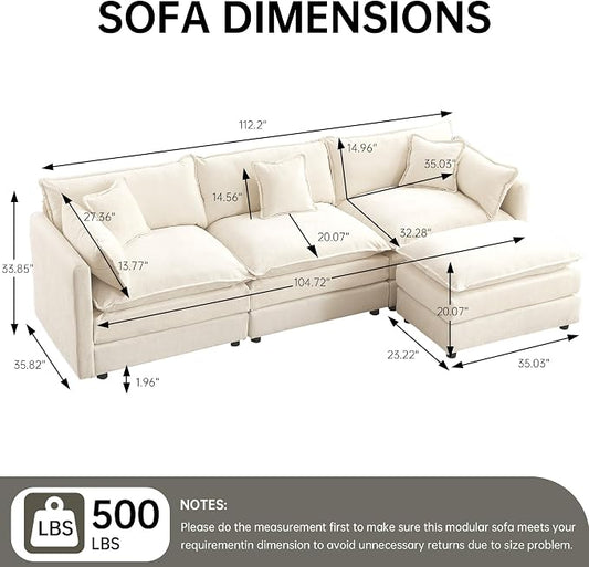 Modular Sectional Sofa, 112.2 Inch L Shaped Couch Set with Armrests, 3-Seater Comfy Cloud Couches with Movable Ottoman for Living Room Apartment, Beige