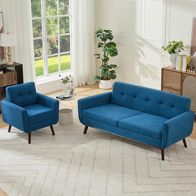 Kingfun Living Room Furniture Sets, Standard & Accent Chair, Mid Century Modern Decor Sofa Couches, Button Tufted Upholstered Furniture, Blue | linen fabric