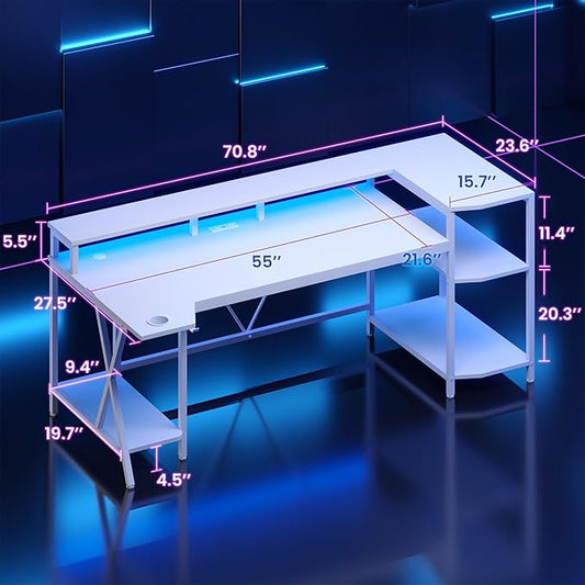 SEDETA White Gaming Desk 70.8'' with LED Lights and Storage Shelves, Computer Desk with Monitor Stand, Power Outlets and Cup Holder, Large PC Gamer Desk, Gaming Table for Bedroom, Living Room