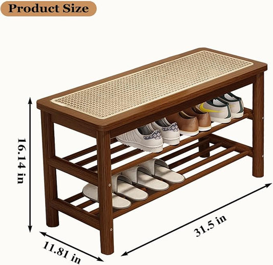 SOBIBO Bamboo Shoe Rack Bench with Rattan Seat, 3-Tier Shoe Storage Bench, Entryway Bench for Hallway, Walnut-31.5 inches