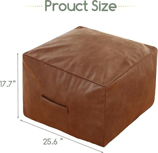 HIGOGOGO Square Stuffed Pouf Ottoman, Pu Leather Poufs with Foam Chunk Filling, Furry and Fluffy Pouf Foot Stool Storage Ottoman,26x18 Inches Floor Poufs Foot Rest for Living Room, Brown