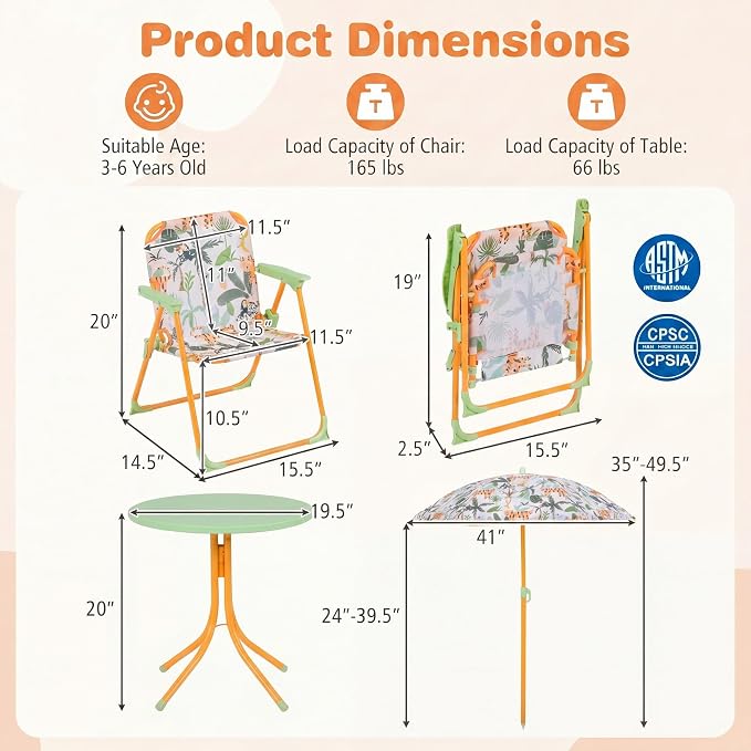 HONEY JOY Kids Picnic Table, Animal Themed Toddler Outdoor Table and Chair Set, 2 Folding Chairs & Removable Umbrella, Children Outdoor Furniture for Backyard Patio Garden (Green Tiger)