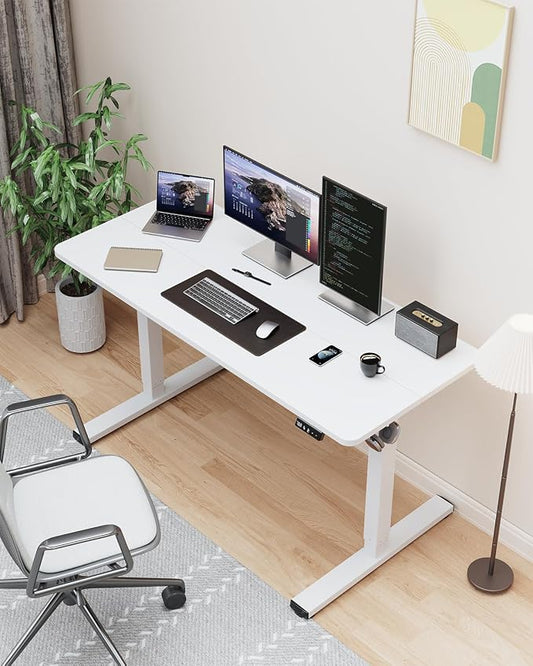 48" Electric Standing Desk Adjustable Height, Sit Stand up Desk for Home Office & Computer Workstation, 2 Memory Height Settings, Splice Board, 2 Hooks, White Frame/White Top