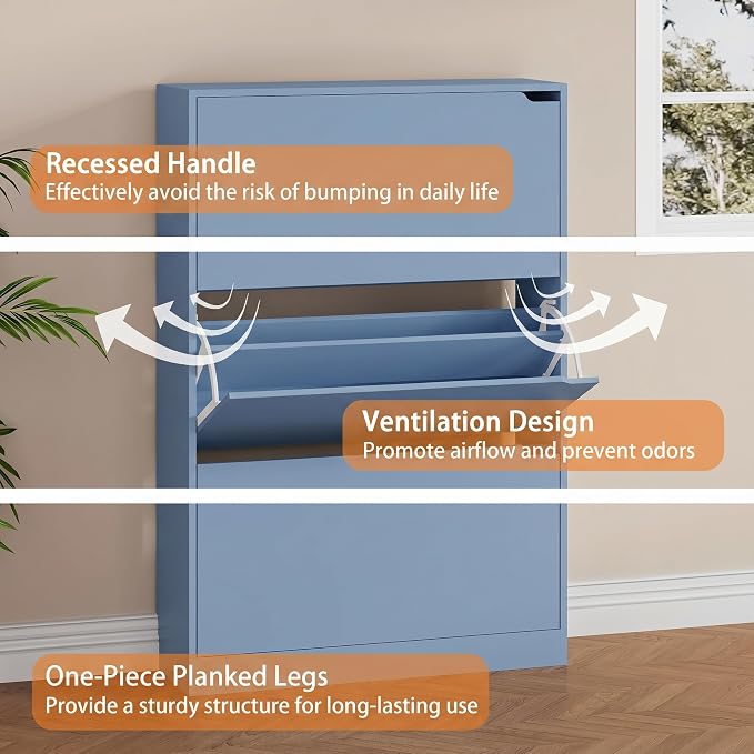 Shoe Storage Cabinet, Wood Shoe Organizer for Entryway with 3 Flip Drawers, Freestanding Shoe Rack with Adjustable Shelf, Narrow Shoe Dresser for Front Door Entrance (Blue, Standard 3 Drawers)