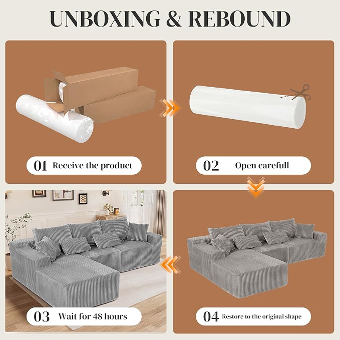 110" L Shaped Cloud Boneless Sectional Couches for Living Room, Modern Comfy Modular Deep Seat Memory Foam Compressed Corduroy Sofa Oversized Left Facing Chaise, No Assembly Required, Grey
