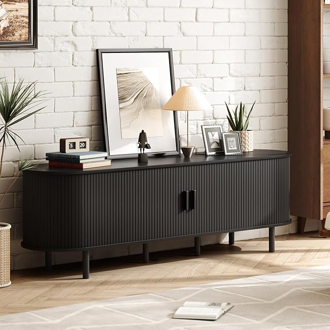 ONBRILL 70.8" TV Stand with Power Outlet for TVs up to 75 Inch, Entertainment Center with Storage and Adjustable Shelves, Modern Media Console with Sliding Doors for Living Room, Black