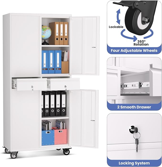 Metal Storage Cabinet with Wheels, 72” Rolling Garage Organizer with Locking Doors & 2 Drawers, Heavy Duty Steel Tool Cabinet with 3 Adjustable Shelves, Lockable Filing Cabinet for Home Office