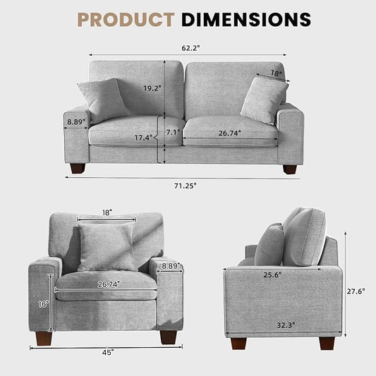 DOPEDIO Modern Living Room Sofa Set, 71.25" Chenille Loveseat with 2 Accent Chairs, Removable Covers, Spring Cushions, Solid Wood Frame, Easy Assembly(71.25inch+2 Single,Light Gray)