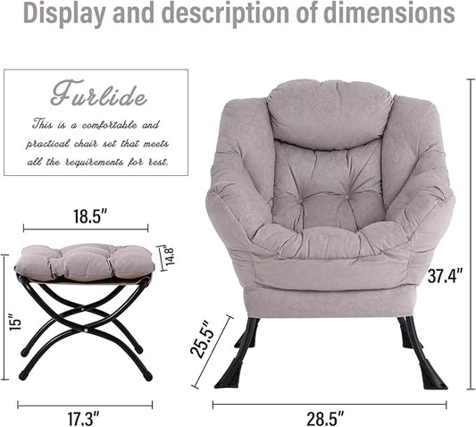 Furlide Lazy Chair with Ottoman, Modern Chair with Folding Footrest, Lounge Accent Chair, Comfortable Reading Chair, Oversized Armchairs for Bedroom, Study, Living Room, Courtyard (Light Grey)