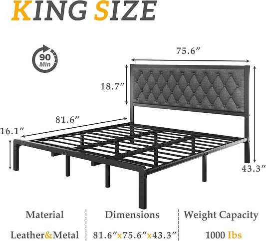 HISOFT King Bed Frame with Upholstered Button Tufted Headboard, Bed Frame Platform Metal Slats Support, Under Bed Storage, No Box Spring Needed, Noise-Free, Easy Assembly, Grey