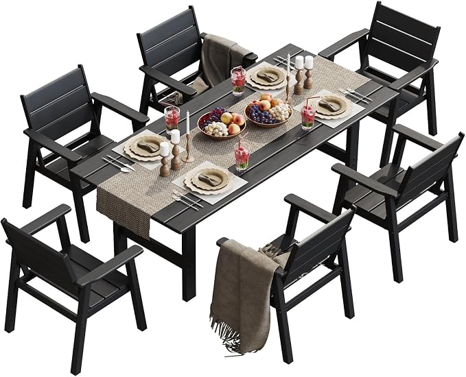 HDPE Outdoor Dining Table and Chairs, 7-Piece Patio Table and Chairs Set, Outdoor Dining Set for 6, All-Weather Dining Furniture Set with Umbrella Hole, Black