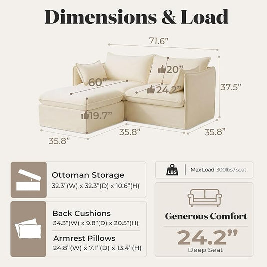Cloud Modular Loveseat + Ottoman, Oversized Deep Seat, Luxe Chenille | Fully Removable Washable Covers, Memory Foam Seat Cushions, Storage Ottoman, Premium Fabric